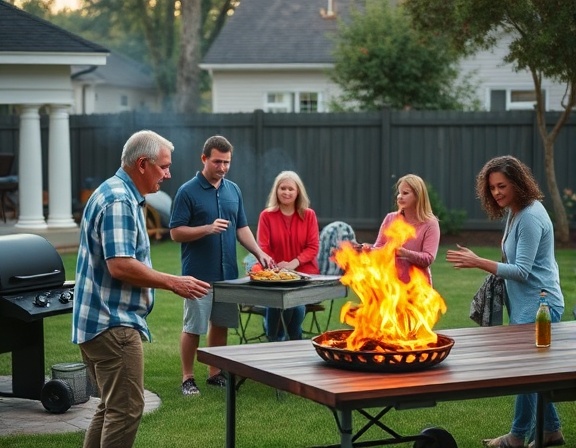 relaxed outdoor family gathering, practicing fire prevention, demonstrating safety measures, photorealistic, backyard with barbeque and picnic table, highly detailed, family interaction, subtle tones, soft afternoon light, shot with an 85mm lens