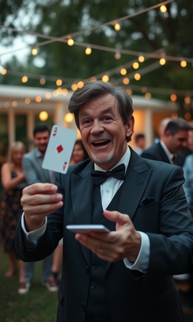 Playful magician, astonished, performing a levitation trick, photorealistic, at an outdoor garden party with fairy lights and guests in the background, highly detailed, floating cards, 24mm wide-angle lens, pastel hues, soft evening light, shot with a Sony FE 24-70mm f/2.8 GM lens.