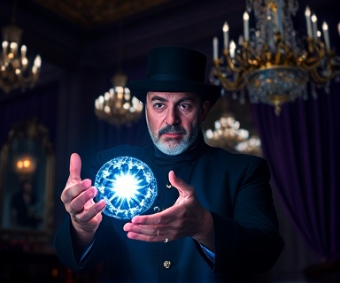 Mystical magician, focused, conjuring a glowing orb, photorealistic, in a lavishly decorated hall with chandeliers and velvet drapes, highly detailed, sparkling energy, 85mm lens, deep blues and purples, dramatic low-key lighting, shot with a Sigma 85mm f/1.4 DG HSM Art lens.