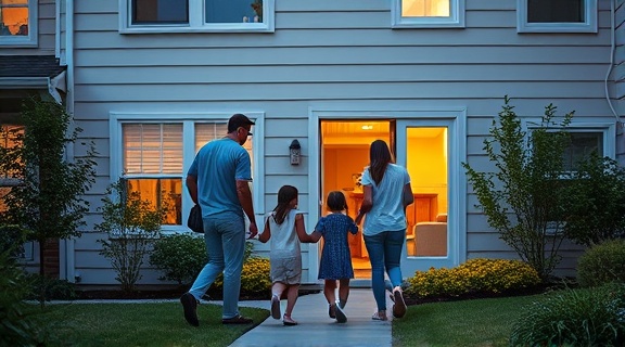 prepared family, ready, evacuating home during a fire drill, photorealistic, suburban house with smoke detectors and garden, highly detailed, parents guiding children, ISO 800, natural colors, evening light, shot with a 28mm lens