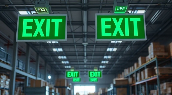 Clearly marked fire exits, prominent, open and accessible, photorealistic, depicted in a cluttered warehouse, highly detailed, exit signs glowing softly, precise focus, vibrant green signs, soft artificial lighting, shot with a 35mm wide-angle lens.