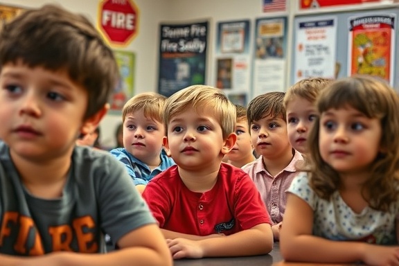 attentive children, being taught summer fire safety rules, focused expressions, photorealistic, classroom setting with fire department posters, highly detailed, educational environment, neutral tones, artificial lighting, shot with a 50mm lens