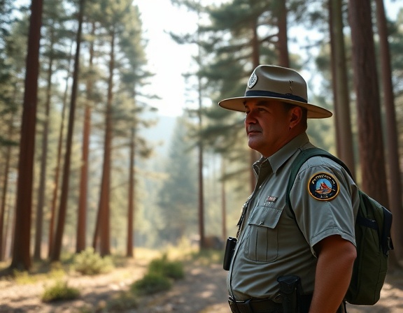 diligent park ranger, patrolling for fire safety, monitoring environment, photorealistic, expansive national park with tall trees, highly detailed, vigilant activity, earthy tones, dappled sunlight, shot with a 35mm lens