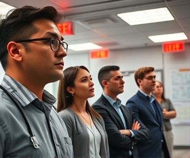 vigilant office employees, attentive, participating in a fire drill, photorealistic, inside a spacious corporate office with floor plan maps and emergency lights, highly detailed, orderly lines and calm expressions, ISO 200, neutral colors, fluorescent lighting, shot with a 85mm lens