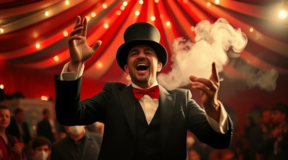 Charming magician, ecstatic, performing a disappearing act, photorealistic, under a big-top tent with cheering crowd, highly detailed, swirls of smoke, 28mm lens, rich reds and blacks, dynamic lighting with spotlights, shot with a Leica Summilux-M 28mm f/1.4 ASPH lens.