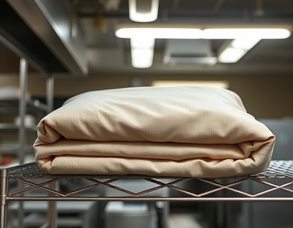 Protective fire blankets, neatly folded, ready for use, photorealistic, placed on a steel shelf in an industrial kitchen, highly detailed, subtle textures and fabric folds, high resolution, warm beige and grey tones, overhead fluorescent lighting, shot with an 85mm portrait lens.