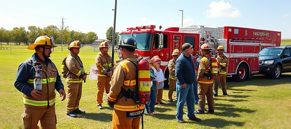 organized firefighter demonstration, community learning fire prevention, showing equipment, photorealistic, open field near a fire station, highly detailed, interactive display, bright primary colors, midday light, shot with a 70-200mm lens