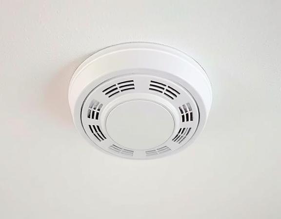 white smoke detector, mounted to the ceiling, discreet and functional, photorealistic, residential setting, highly detailed, subtle texture of plastic material, f/5.6, pure white, soft ambient light, shot with a standard lens