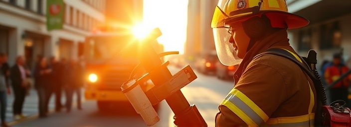 skilled firefighter, calm, demonstrating fire extinguisher usage, photorealistic, on a city street with onlookers and fire trucks in the background, highly detailed, sun reflecting off the equipment, f/4, vivid colors, sunlight, shot with a 24mm lens