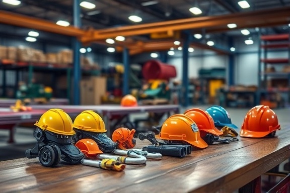 safety equipment set, neatly arranged, laid out on a wooden table, photorealistic, in a well-lit warehouse, highly detailed, shadows and highlights on reflective surfaces, f/4, mixed colors with primary accents, harsh industrial lighting, shot with a macro lens