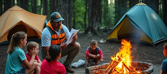 alert camp counselor, teaching fire safety to kids, using instructional materials, photorealistic, campsite with tents and campfire, highly detailed, engaged participants, rich colors, morning light, shot with a 35mm lens