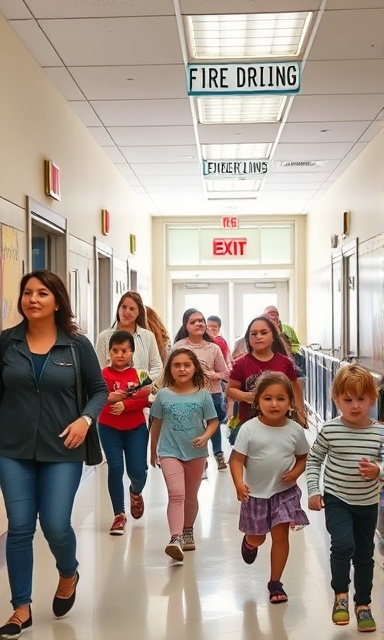 alert fire drill participants, engaged, practicing emergency exit, photorealistic, in a public school with clearly marked emergency exits, highly detailed, children and teachers moving calmly, shutter speed 1/200, bright colors, midday lighting, shot with a 35mm lens