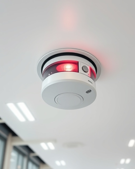 modern fire alarm, alert and ready, installed on a clean white ceiling, photorealistic, inside a commercial building, highly detailed, slight lens flare from overhead lights, f/2.8, matte white and gray, diffused daylight, shot with a wide-angle lens