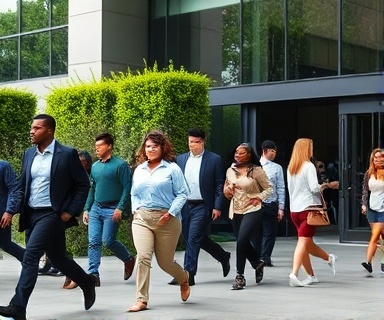 Organized fire drill, focused, participants evacuating, photorealistic, outside a corporate building with lush greenery, highly detailed, movement captured mid-step, sharp and clear, diverse clothing colors, natural daylight, shot with a 70-200mm telephoto lens.