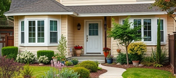 responsible homeowner, setting up summer fire protection tips, installing fire alarms, photorealistic, suburban home exterior with a garden, highly detailed, practical approach, neutral colors, ambient light, shot with a 24mm lens