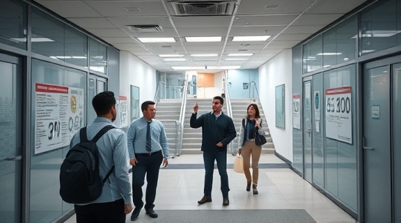 interactive emergency, office workers preparing, conducting an emergency evacuation drill, photorealistic, in an office building with emergency maps and stairwells, highly detailed, coordinated actions, 4K resolution, soft tones, ambient lighting, shot with a 50mm lens