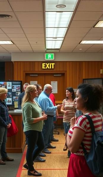 interactive emergency, community members practicing, rehearsing emergency procedures, photorealistic, in a community hall with exit signs and emergency kits, highly detailed, people in motion, 4K resolution, mixed lighting, shot with a 24mm lens