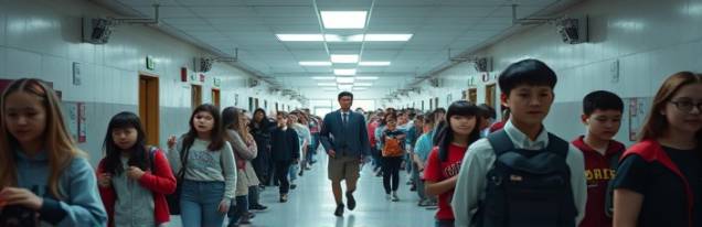 fire drill, students evacuating, following safety protocols, photorealistic, in a school hallway with alarms and sprinklers, highly detailed, orderly movement and instruction, 4K resolution, cool tones, fluorescent lighting, shot with a 50mm lens