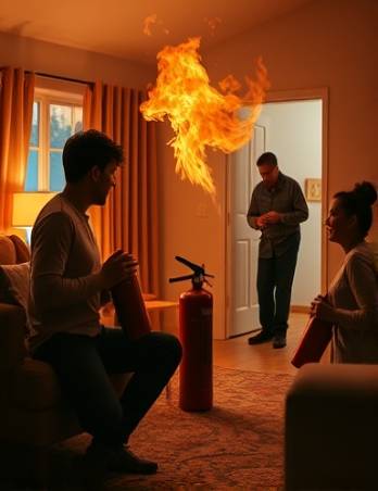 interactive fire, family practicing, simulating a home fire scenario, photorealistic, in a living room with fire extinguishers and fire blanket, highly detailed, family members coordinating, 4K resolution, warm tones, indoor lighting, shot with a 35mm lens