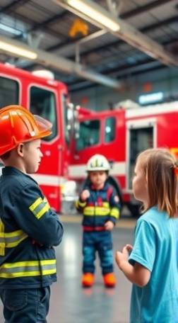 fire safety interactive, children engaging, learning fire safety skills, photorealistic, in a fire station with trucks and gear, highly detailed, educational activity setup, 4K resolution, vibrant colors, diffused lighting, shot with a 24mm lens
