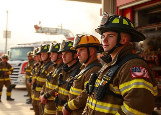 dedicated firestation crew, determined, preparing for a drill, photorealistic, fire engines parked in the background, highly detailed, smoke in the air, warm tones, soft sunlight, shot with a 50mm prime lens