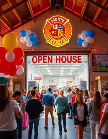 exciting firestation event, energetic, hosting an openhouse, photorealistic, decorated firehouse with banners and balloons, highly detailed, people walking and exploring, bright and cheerful colors, spotlight lighting, shot with a 24mm wide-angle lens