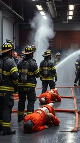 organized firestation drill, intense, practicing emergency procedures, photorealistic, training area with dummy victims and firehoses, highly detailed, water spraying and steam rising, neutral tones, overcast lighting, shot with a 85mm telephoto lens