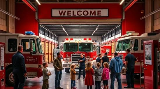 welcoming firestation openhouse, friendly, greeting visitors, photorealistic, open garage doors with fire trucks on display, highly detailed, families listening to firefighters, warm and inviting colors, ambient indoor lighting, shot with a 35mm prime lens
